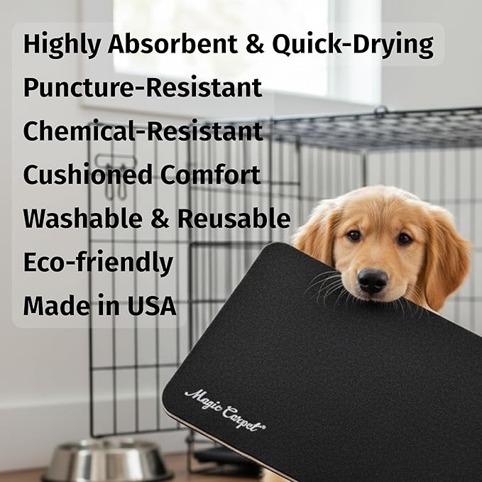 Magic Carpet™ Kennel Liner & Pet Feeding Mat (2-Pack) | 18″ × 11.75″ Each | Heavy-Duty Absorbent & Puncture-Resistant | Washable, Reusable, Eco-Friendly | Made in USA | Recycled Material