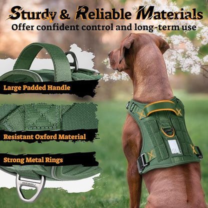 rabbitgoo Dog Harness for Large Dogs No Pull, Tactical Service Pet Vest with Molle and Control Handle, Adjustable and Reflective Military Harness for Easy Walking and Training, Green, XL