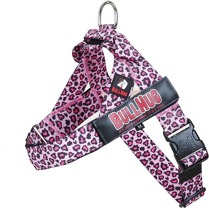 BULLHUG Adjustable Dog Harness– No Pull, No Choke – for English Bulldogs, French Bulldogs, Pugs & Broad-Chested Breeds – Easy, Safe Walks (Leopard Pink, XL)