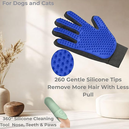Pet Grooming Gloves for Dogs, Cats & Horses – 2-in-1 Deshedding & Massage Mitt – Soft Silicone Tips – Left & Right Hand Set + Bonus Detail Tool