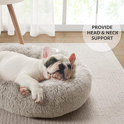 Friends Forever Calming Dog Bed for Medium Dogs, Donut Medium Pet Bed, 30 Inches Memory Foam Orthopedic Dog Bed with Fluffy Plush Faux Fur, Machine Washable, Serena Tan, 30"x23"x6.5"