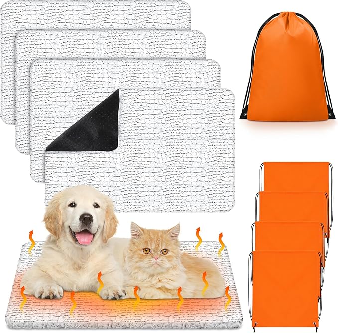 Riakrum 4 Pack Self-Warming Cat Beds with Storage Bags, 45" x 28" Soft Thermal Self Heating Pet Pads, Non-Slip & Washable Heated Mats for Indoor Outdoor Pet