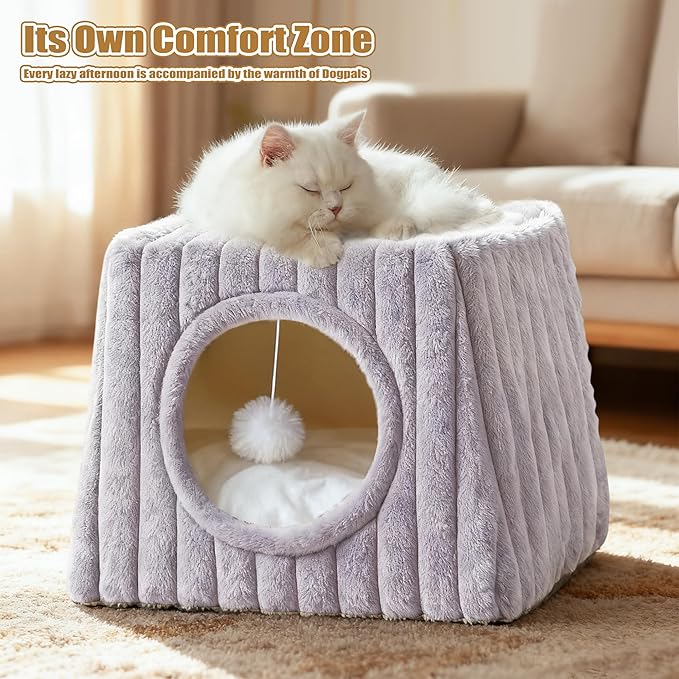 Indoor Cat House - Large Cat Bed Cave with Fluffy Balls and Scratch Pads, Foldable House and Apartment with Pads, Suitable for Multiple Cats (Grey, Large)