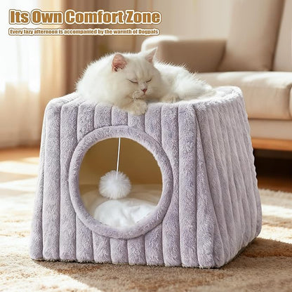 Indoor Cat House - Large Cat Bed Cave with Fluffy Balls and Scratch Pads, Foldable House and Apartment with Pads, Suitable for Multiple Cats (Grey, Large)