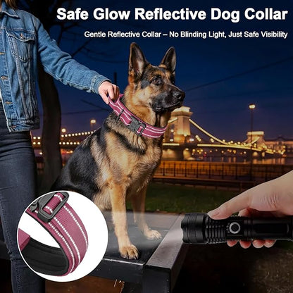 KCUCOP Tactical Dog Collar for Medium & Large Dogs - Military Nylon Heavy Duty Collar with Handle, Reflective Strip & Metal Buckle for Training (Pink Reflective, XL)