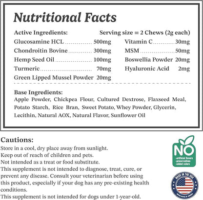 Selly’s Den Dog Hip and Joint Supplement for Mobility - Glucosamine, Chondroitin and MSM for Joint Health Relief - Made in USA - Chicken Flavor Soft Chew - 90 Count, 6.5 Oz