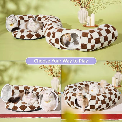 Lesure Large Cat Tunnel Bed - Cute Donut Bed for Indoor Cats with Washable Circle Cushion, Round Pet Peekaboo Cave Toy for Multi Kitten/Puppy/Rabbit, Large Brown Checks