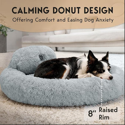 PetJett Calming Dog Beds Large Sized Dog - 36'' Round Bed, Anti-Slip & Washable Super Soft Donut Bed, Fluffy Faux Fur Anti-Anxiety Premium Comfort Pet Bed, Fits Dogs up to 80 lbs - Bright Grey