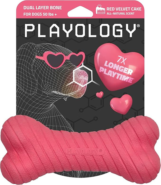 Playology Dog Toys | Dual Layer Bone Durable Chew Toy Bone for Dogs | Jumbo Red Velvet Cake Scented Toy - Limited Edition Valentine's Day Scent | Easy to Clean and Made from Non Toxic Materials