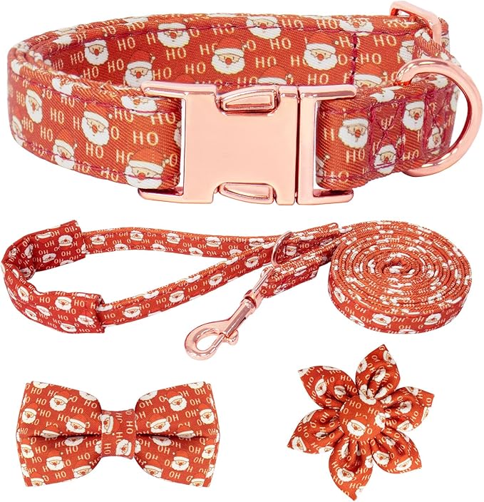 Christmas Dog Collar and Leash Set Girls Adjustable Puppy Collars with Christmas Bow Tie for Small Medium Large Female Dogs, Red Santa Claus, S