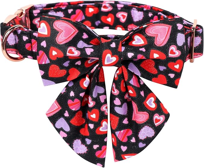 Lionet Paws Valentines Dog Collar Bowtie, Dog Sailor Bow Collar Metal Buckle for Dogs, Adjustable Fabric Black Dogs Collars Girl, S, Neck 10-16 in