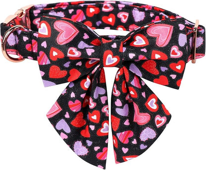 Lionet Paws Valentines Dog Collar Bowtie, Dog Sailor Bow Collar Metal Buckle for Dogs, Adjustable Fabric Black Dogs Collars Girl, S, Neck 10-16 in