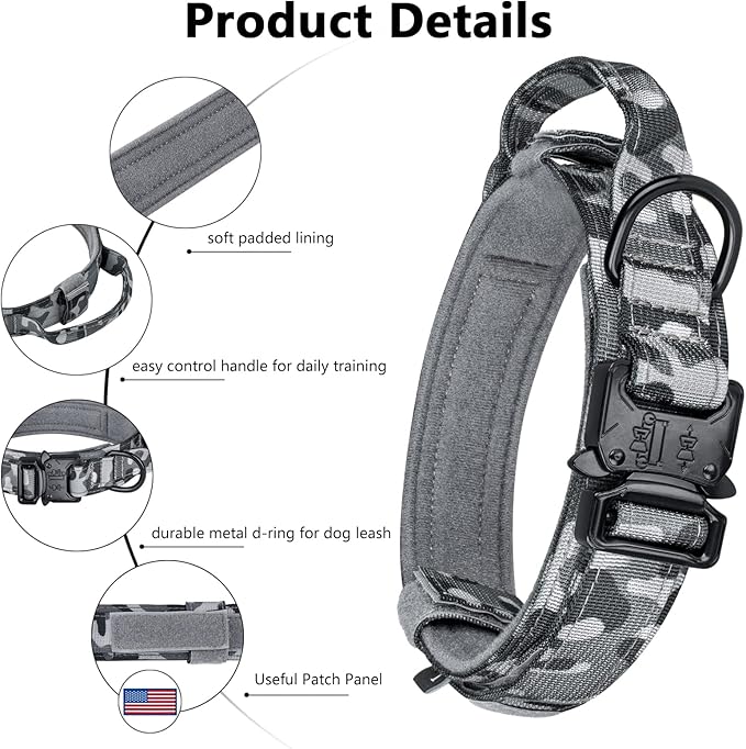DAGANXI Tactical Dog Collar, Adjustable Military Training Nylon Dog Collar with Control Handle and Heavy Metal Buckle for Medium and Large Dogs, with Patches and Airtags Case (L, Camo)