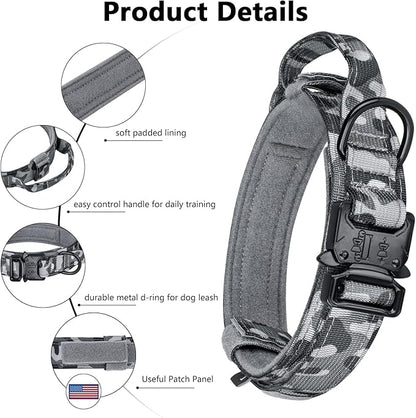 DAGANXI Tactical Dog Collar, Adjustable Military Training Nylon Dog Collar with Control Handle and Heavy Metal Buckle for Medium and Large Dogs, with Patches and Airtags Case (M, Camo)