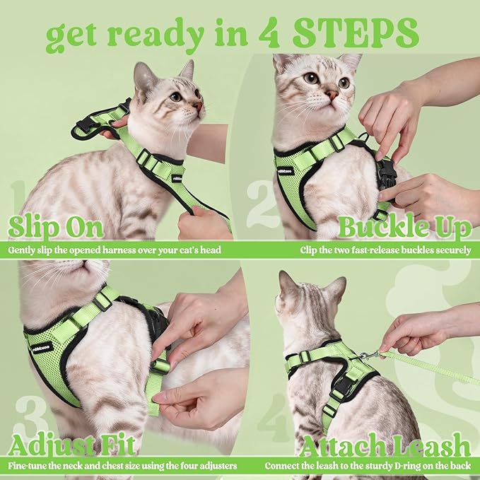 rabbitgoo Cat Harness and Leash for Walking, Escape Proof Soft Adjustable Vest Harnesses for Cats, Easy Control Breathable Reflective Strips Jacket, Light Green, M