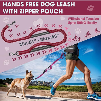 Hands Free Dog Leash with Waist Belt – No-Pull Bungee, Dual Padded Handles & Zipper Pouch for Running, Walking & Training – Adjustable Waist Leash for Large & Medium Dogs (Red)