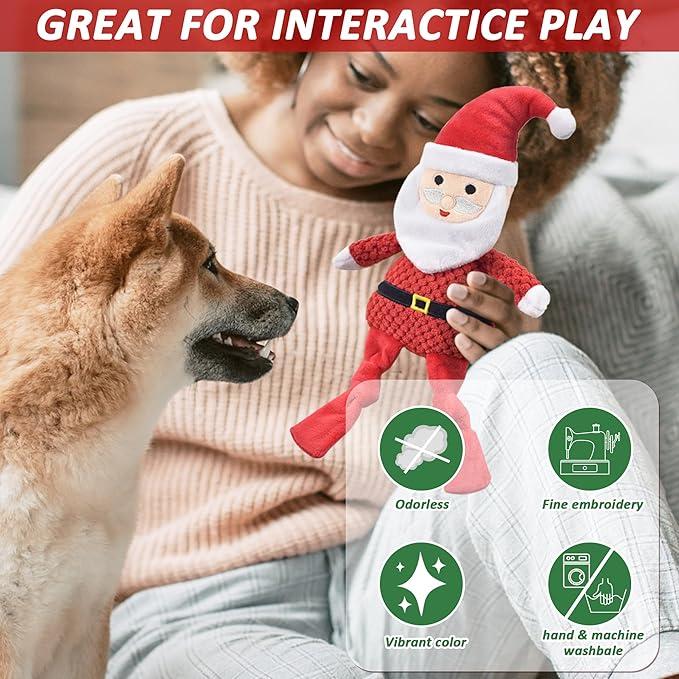 LECHONG Christmas Dog Toys, 4pcs Stuffed Dog Squeaky Toys for Teething and Chewing, Tough Xmas Gift Toy Bundle Santa Toys for Small Large Dogs Puppy