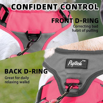 PUPTECK Escape Proof Dog Harness and Leash Set Upgraded No Pull Reflective Dog Vest with Lift Handle, Easy Control Pet Harness for Medium Large Dogs Training Walking Running, Fuchsia, M