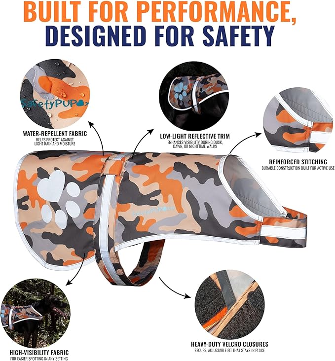 SafetyPUP XD Dog Reflective Vest – Hi-Vis Fluorescent Visibility That Helps to Safeguard Your Pet On/Off Leash in Urban & Rural Areas (Camo, X-Large)