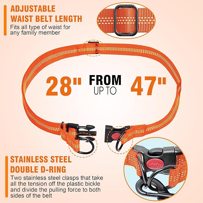 Hands Free Dog Leash with Waist Belt – No-Pull Bungee, Dual Padded Handles & Zipper Pouch for Running, Walking & Training – Adjustable Waist Leash for Large & Medium Dogs (Orange)