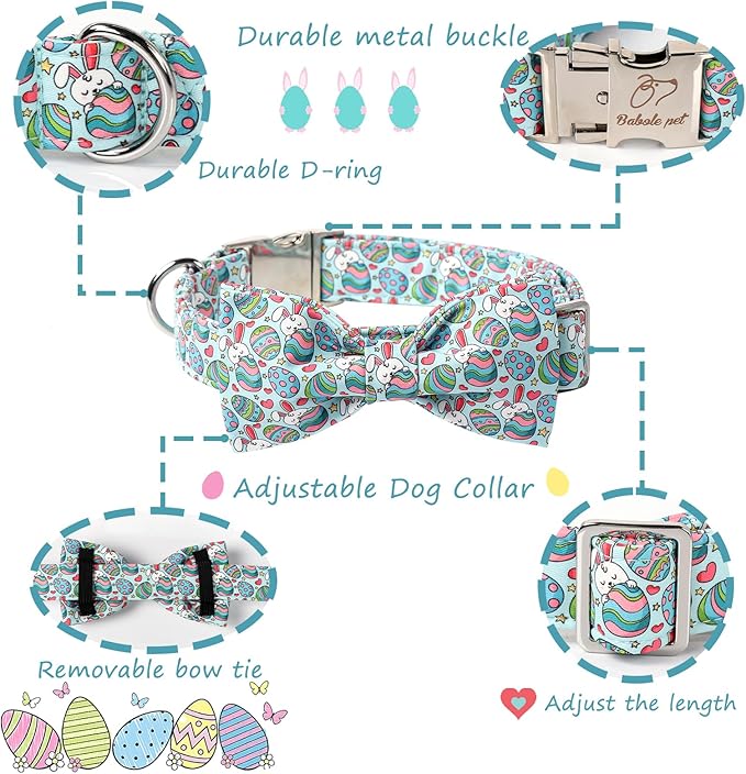 Easter Dog Collar With Bow Tie, Eggs Bowtie With Safety Metal Buckle, Cute Boy Girl Bunny Collar for Large Dogs, XL