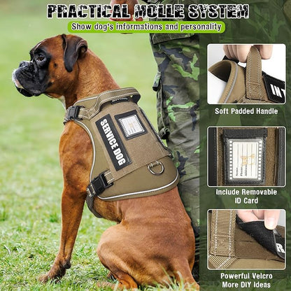 MOOGROU Tactical Dog Harness and Leash Set for Large Dogs,Heavy Duty No Pull Service Dog Vest and 10 Patches with Dog Seat Belt,Reflective Adjustable Pet Harness for Training Walking Hiking Brown XL