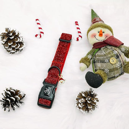 Elegant little tail Glittering Dog Collar, Christmas Cute Girl Boy Pet Collar Winter Red Bling Pet Collars with Durable Cotton Webbing Adjustable Dog Collars for X-Small Puppy