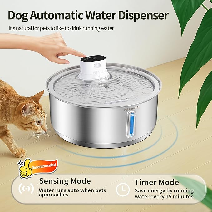 Petsamuse Wireless Dog Water Fountain, 2.1Gal/8L Battery Operated Stainless Steel Pet Water Fountain Motion Sensor Dog Water Bowl Large Cat Bowl Inside with 3 Filters and 2 Ultra Quiet Pumps