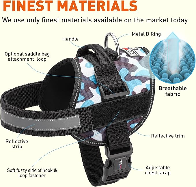 Dogline Dog Harness, Reflective No-Pull Adjustable Vest with Handle for Walking, Training, Breathable, No - Choke Harness for Small, Medium or Large Dogs Room for Patches Girth 33"-46" in Blue Camo