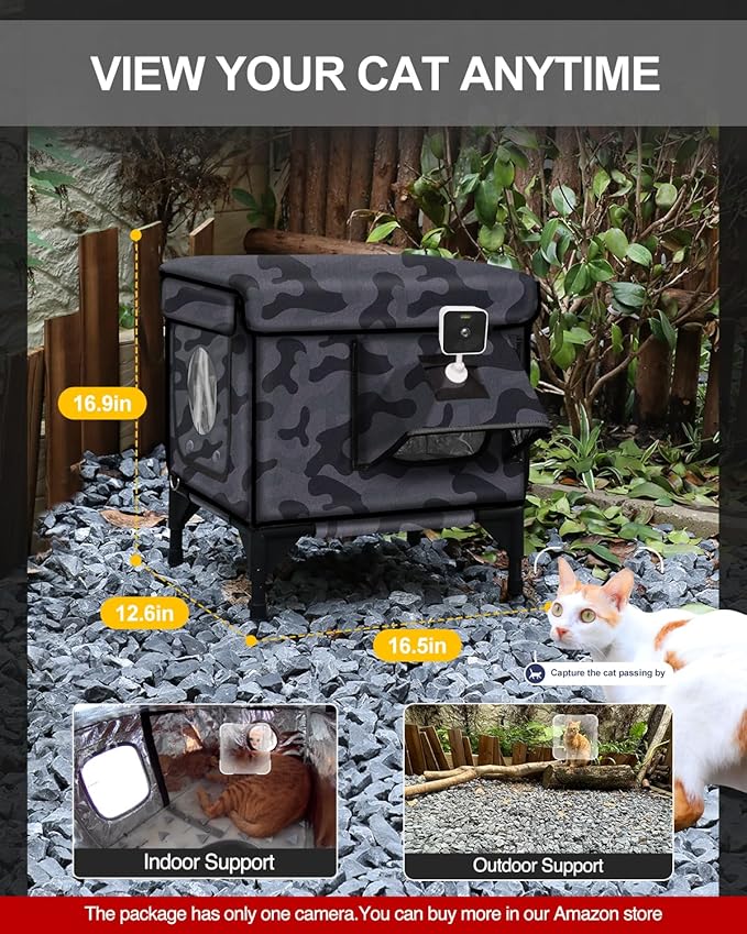 Heated Cat House for Outside,Dual Camera Mounts,100% Weatherproof & Extremely Insulated,Elevated Feral Cat Shelter with Escape Door,Waterproof Eaves for Outdoor Stray Barn Cat(Dark Camo,S)