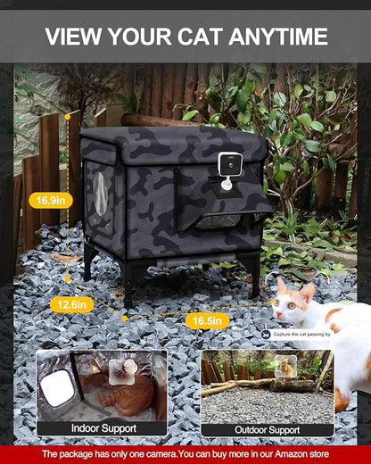 Heated Cat House for Outside,Dual Camera Mounts,100% Weatherproof & Extremely Insulated,Elevated Feral Cat Shelter with Escape Door,Waterproof Eaves for Outdoor Stray Barn Cat(Dark Camo,S)