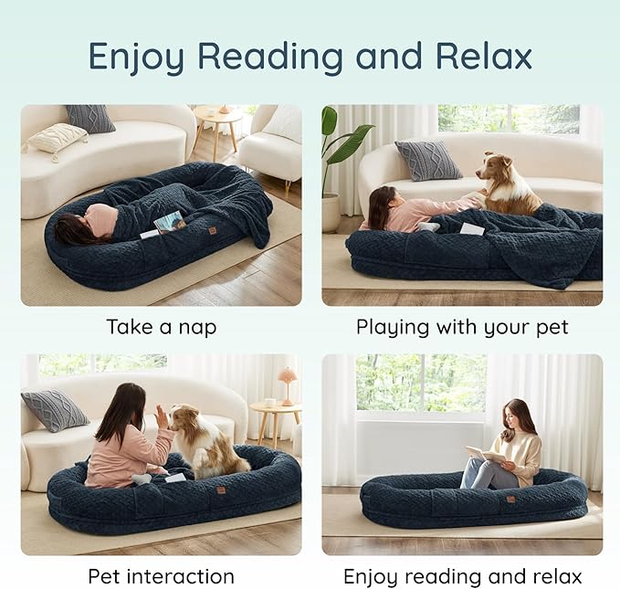 Human Dog Bed for Adult - Luxury Faux Fur Giant Size Dog Bed with Portable Handle, Egg Orthopedic Foam with Blanket, 72"x40"x10", Navy