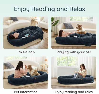 Human Dog Bed for Adult - Luxury Faux Fur Giant Size Dog Bed with Portable Handle, Egg Orthopedic Foam with Blanket, 72"x40"x10", Navy