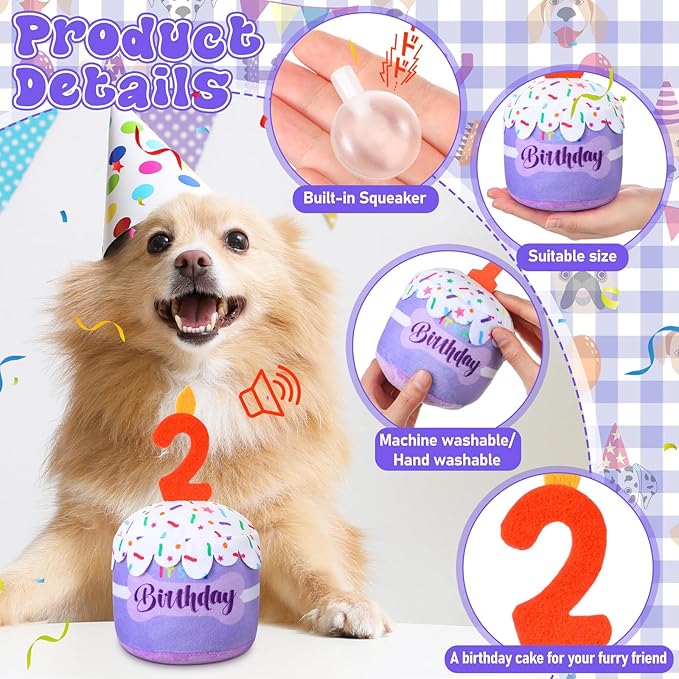 Dog 2nd Birthday Cake Toy Accessories for Girl Boy Gifts, Purple Squeaky Plush Toy for Dog Birthday Party Decor Favor for Large, Medium and Small Dogs