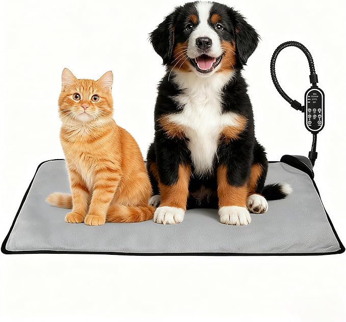 Orznez Pet Heating Pad for Cat, Electric Heated Mat with 3 Temperatures & 3 Timers, Automatic Induction Heated Cat Bed, Chew Resistant Cord (Light Grey, 27.6" x 15.7")