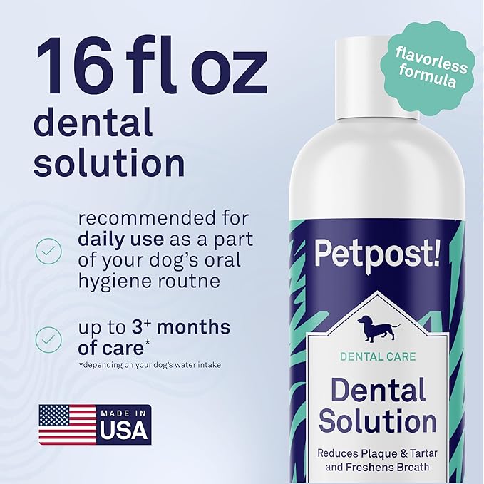 Petpost | Dental Solution for Dogs - Water Additive That Eliminates Bad Breath - Dirt, Gunk, and Tooth Buildup Gone - Natural Tooth Cleaning Solution 16 oz.