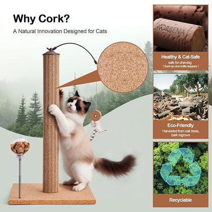 Cat Scratching Post Cork & Cardboard Mix with Heavey Duty Solid Wood Base, Indoor 26" Premium Durable Nature Kitten Scratch Post Tree with Snack Ball & Feather Interactive Toys for Kittens & Adult
