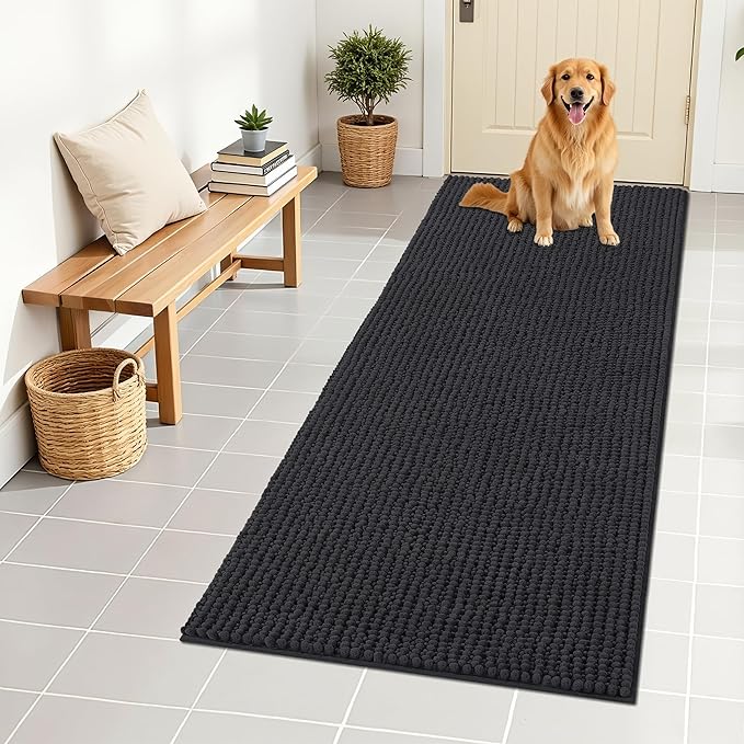 OLANLY Dog Door Mat for Muddy Paws 59x24, Ultra Absorbent Chenille Mud Doormat, Non-Slip Washable and Dirt Trapping Doormat for Indoor Entryway, Quick-Dry Indoor Pet Bed Mats for Dogs, Dark Grey