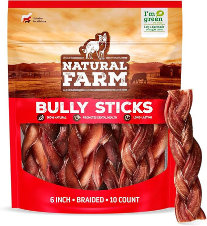 Natural Farm Odor-Free Braided Bully Sticks (6 Inch, 10 Pack) - 100% Grass-Fed Beef, Grain-Free, Low Fat & Fully Digestible Dental Treats - Safest Long Lasting Pizzle Chews to Keep Your Dog Busy