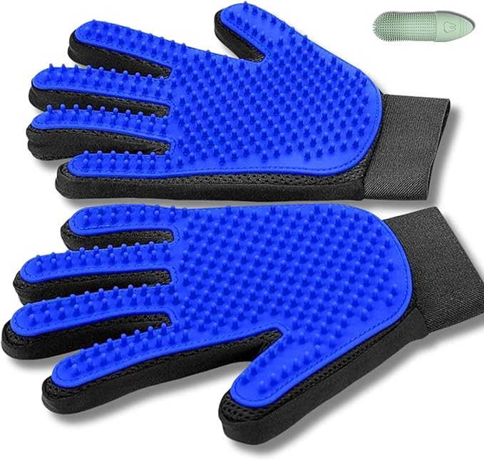 Pet Grooming Gloves for Dogs, Cats & Horses – 2-in-1 Deshedding & Massage Mitt – Soft Silicone Tips – Left & Right Hand Set + Bonus Detail Tool
