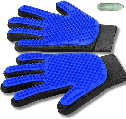 Pet Grooming Gloves for Dogs, Cats & Horses – 2-in-1 Deshedding & Massage Mitt – Soft Silicone Tips – Left & Right Hand Set + Bonus Detail Tool