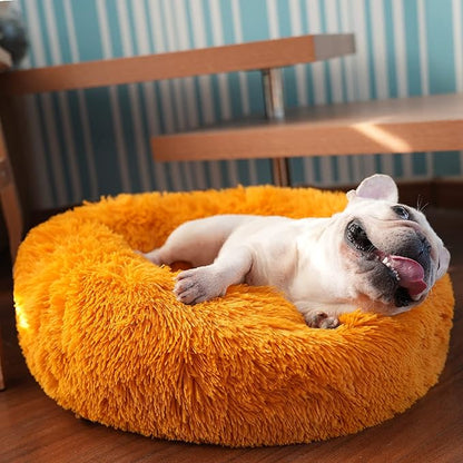 Calming Donut Dogs Beds for Small Dogs Washable,23inch Plush Round Pet Bed for Cozy Sleep,Fluffy Faux Fur Large Cat Bed,Fits up to 25 lbs Pets,Orange