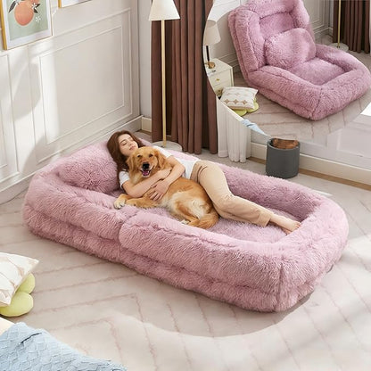KEIKI 69" Plush Faux Fur Human Size Dog Bed, Oversized Foldable Human Dog Bed for Adults and Pets, Adjustable Lounge Sofa Bed with Cushions, Giant Dog Bed for Humans, Pink