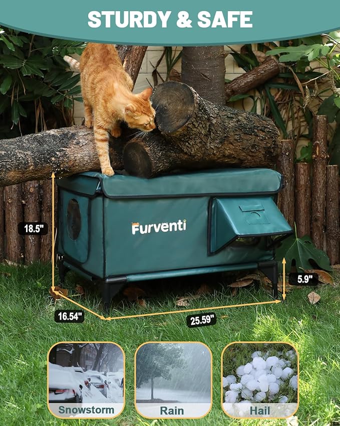 Heated Cat House for Outdoor Cats, Waterproof Insulated Outdoor Cat House with Heating Pad, Weatherproof Elevated Heated Cats House for Outside Feral Cats(Deep Green, 25.5" L x 16" W x 18" H)