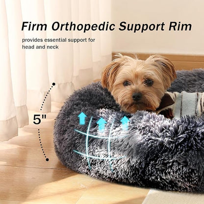 NOYAL Calming Donut Dog Bed for Small to Medium Dogs & Cats - Plush Faux Fur Anti-Anxiety Pet Bed with Machine Washable Cover & Non-Slip Base