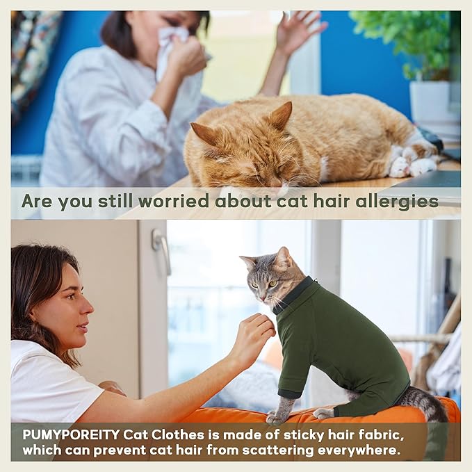 PUMYPOREITY Sticky Hair Cat Clothes, Prevent Hair Loss Cat Pajamas, Soft Cat Sweaters for Cats Only, Cat Hair Sticky Onesie, Cat Recovery Suit After Surgery, Green, 2XL