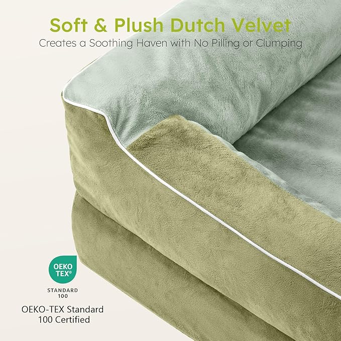 CWAWZ Dog Beds for Large Dogs, Orthopedic Dog Bed with Cooling Gel Memory Foam, Waterproof Large Pet Bed with Removable Washable Cover, 36" Pet Sofa Couch Dutch Velvet with Bone Toy, Dark Green