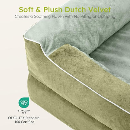 CWAWZ Dog Beds for Large Dogs, Orthopedic Dog Bed with Cooling Gel Memory Foam, Waterproof Large Pet Bed with Removable Washable Cover, 36" Pet Sofa Couch Dutch Velvet with Bone Toy, Dark Green