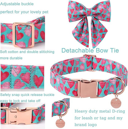 UP URARA PUP Valentine’s Day Dog Collar with Bow Tie, Pink Heart Bowtie Collar with Metal Buckle, Valentine’s Day Gift Pet Collar for Puppy Girl Boy Dog or Cat, Wedding Dog Collar, L, Neck 16-24in