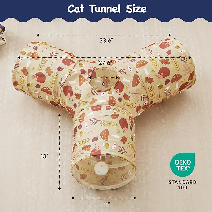 Tempcore Pet Cat Tunnel Tube Cat Toys 3 Way Collapsible, Cat Tunnels for Indoor Cats，Kitty Tunnel Bored Pet Toys Peek Hole Toy Ball Puppy, Kitty, Kitten, Rabbit Khaki Hedgehog